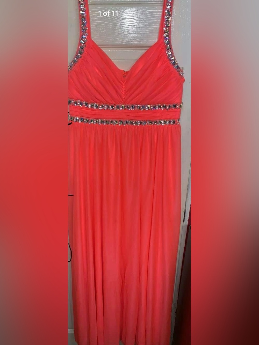 Embellished Coral Maxi Dress with Beaded Waist